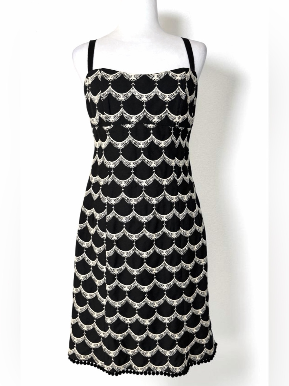 Vintage Nanette Lepore Cocktail Dress Black with White Scalloped Lace Embroidery
